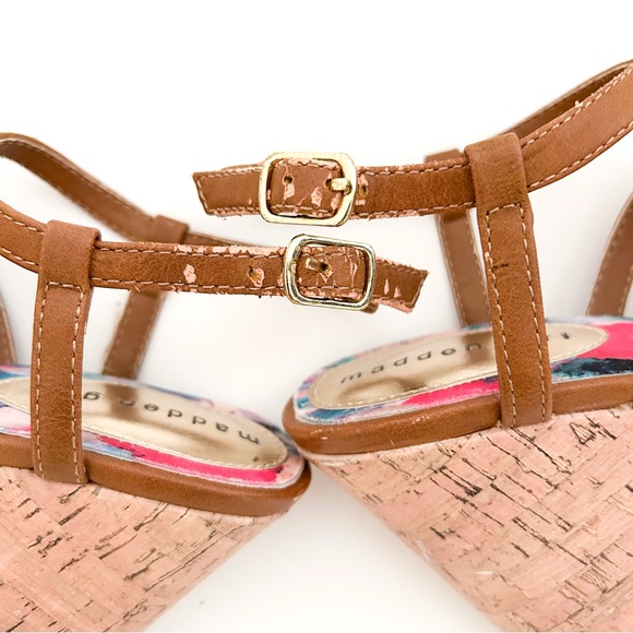 Madden Girl Strappy Brown Faux Leather Cork Platform Wedge Heels Elmaa Cognac - Picture 8 of 9